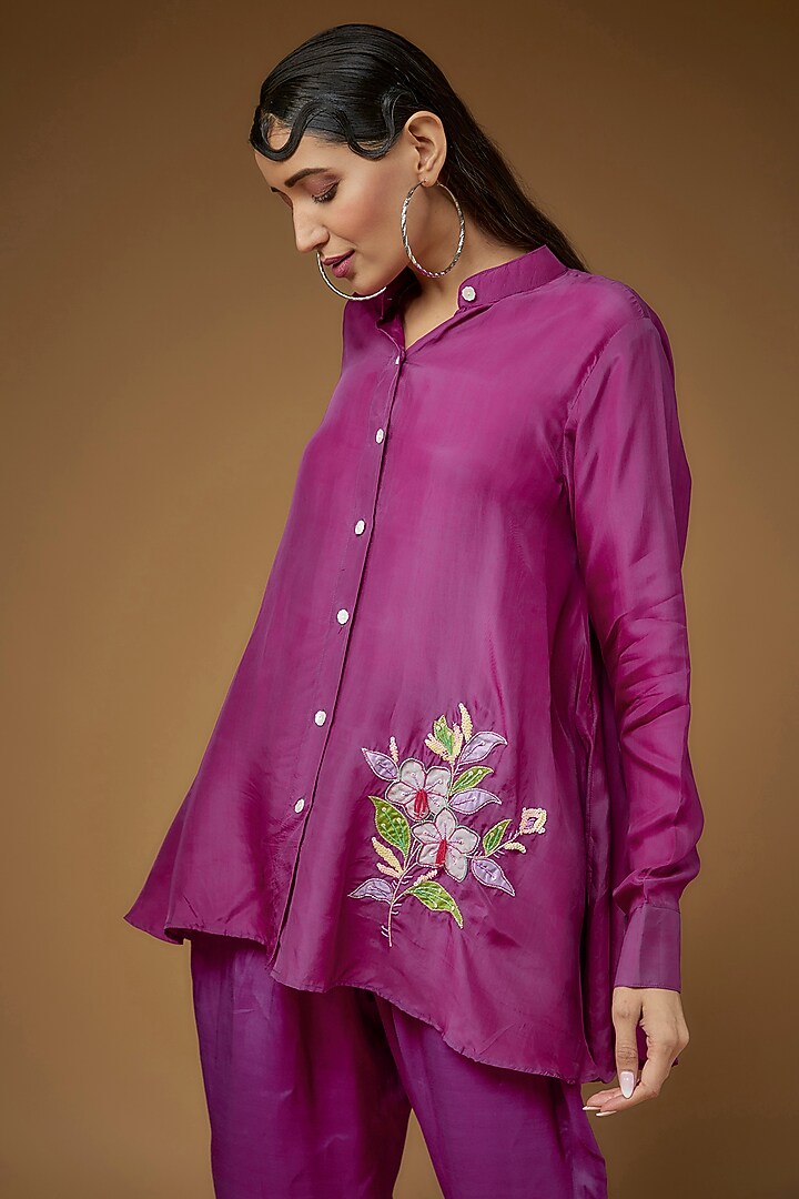 Pink Pure Habutai Silk Embroidered Co-Ord Set by LAYA GONUGUNTLA at Pernia's Pop Up Shop