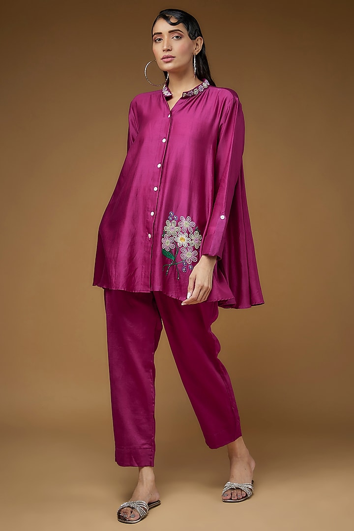 Pink Pure Chanderi Silk Embroidered Co-Ord Set by LAYA GONUGUNTLA