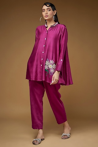 Pink Pure Chanderi Silk Embroidered Co-Ord Set by LAYA GONUGUNTLA