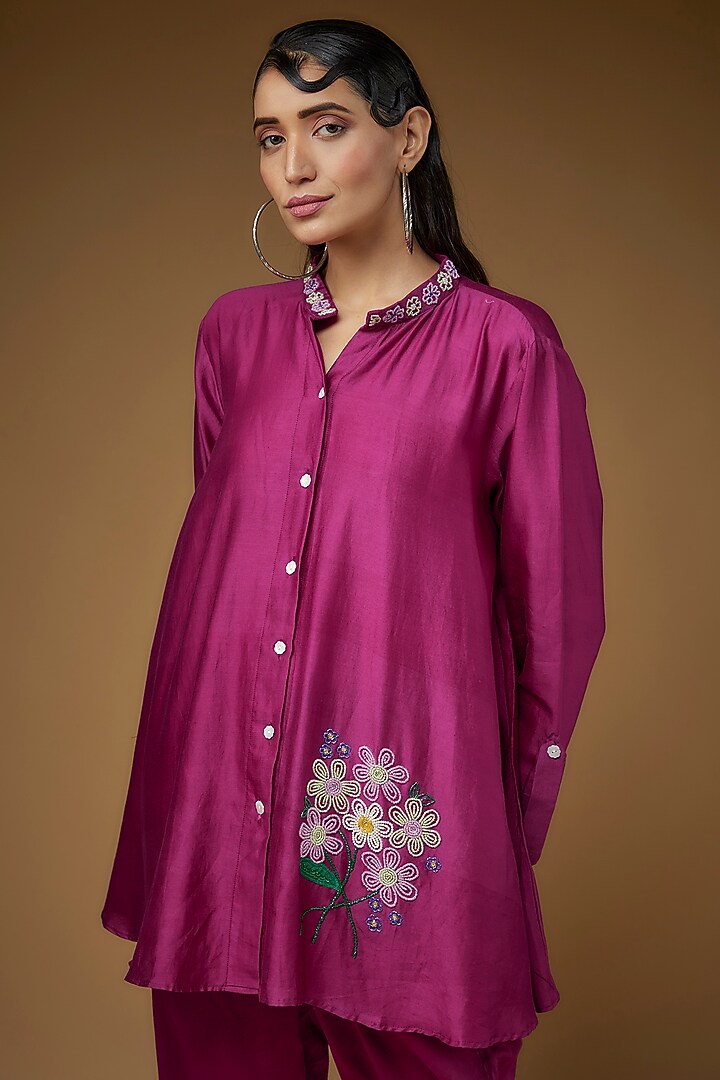 Pink Pure Chanderi Silk Embroidered Co-Ord Set by LAYA GONUGUNTLA at Pernia's Pop Up Shop