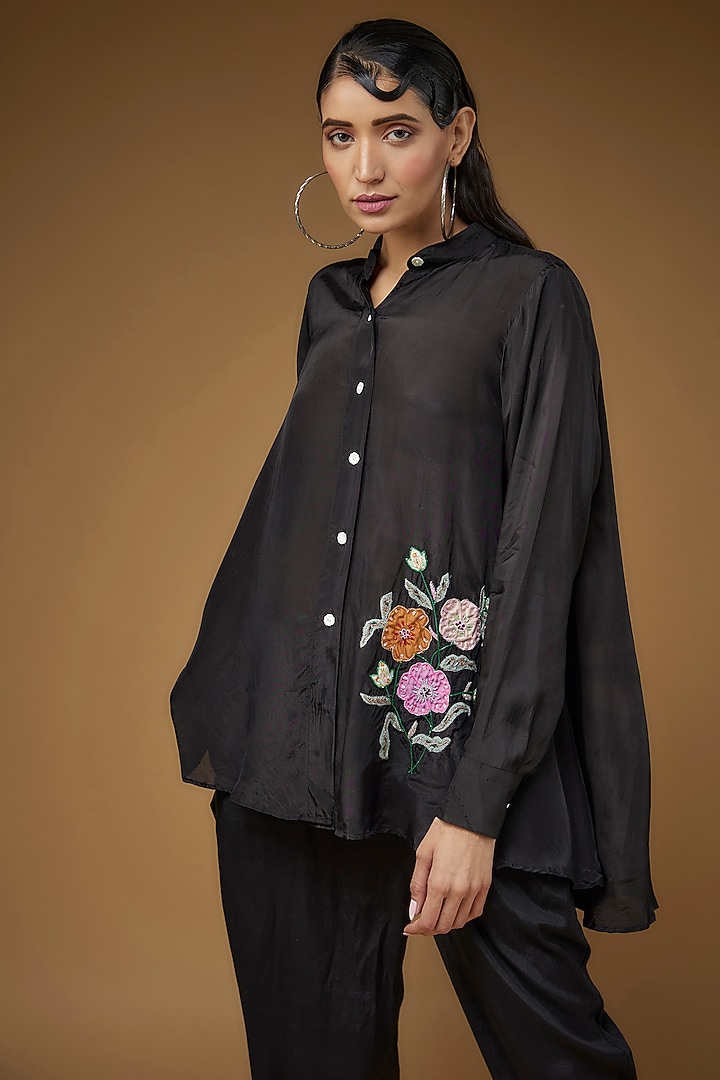 Black Pure Habutai Silk Embroidered Co-Ord Set by LAYA GONUGUNTLA at Pernia's Pop Up Shop