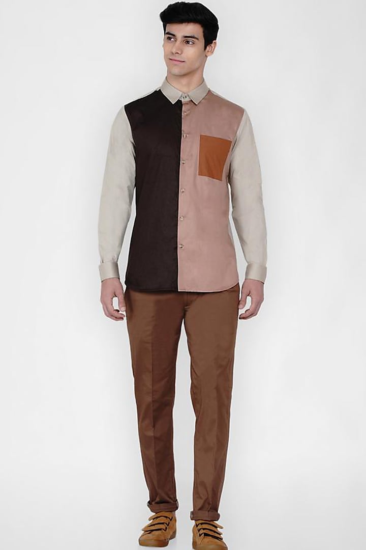 Beige Color Blocked Shirt by Lacquer Embassy