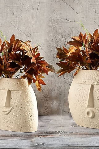 Cream Ceramic Handcrafted Nordic Face Vase Set by La Dimora Selections