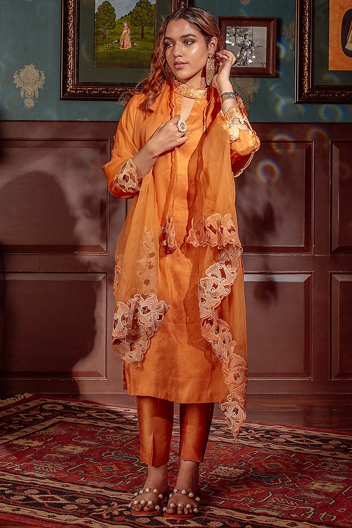 Metallic Orange Pure Silk Embroidered Kurta Set by Lahario