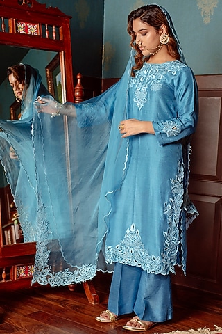 Cerulean Pure Silk Embroidered Kurta Set by Lahario
