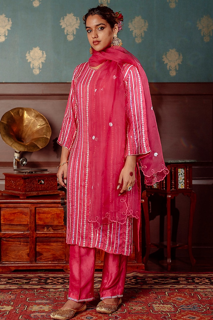 Hot Pink Pure Silk Embroidered Kurta Set by Lahario