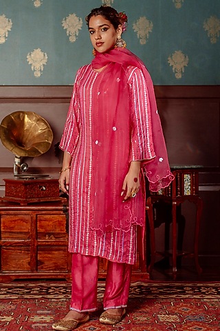 Hot Pink Pure Silk Embroidered Kurta Set by Lahario