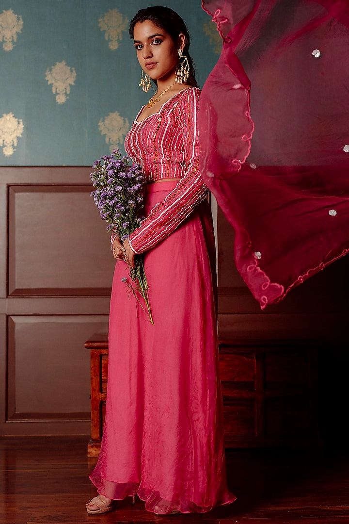 Hot Pink Silk Organza Sharara Set by Lahario