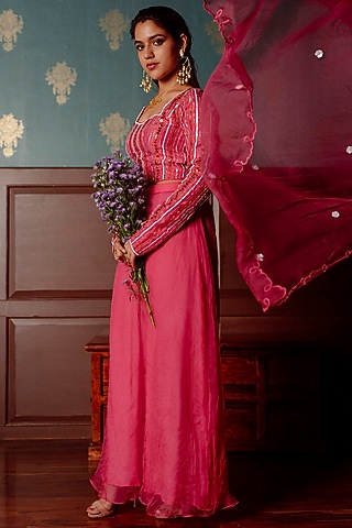 Hot Pink Silk Organza Sharara Set by Lahario