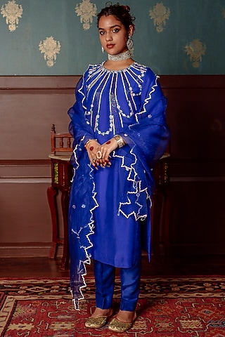 Egyptian Blue Pure Silk Embroidered Kurta Set by Lahario