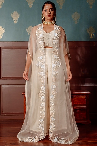 Ivory Silk Organza Thread Embroidered Jacket Set by Lahario