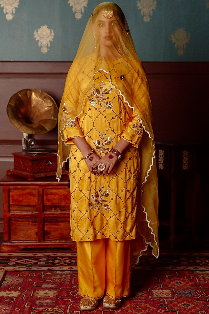 Golden Yellow Pure Silk Embroidered Kurta Set by Lahario