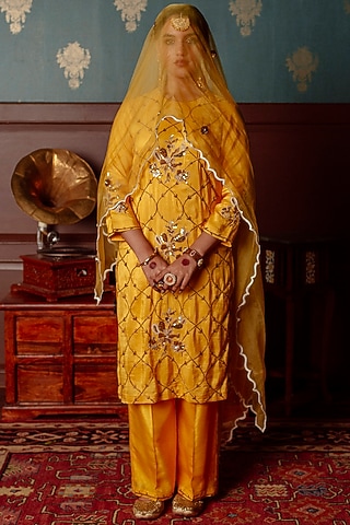 Golden Yellow Pure Silk Embroidered Kurta Set by Lahario
