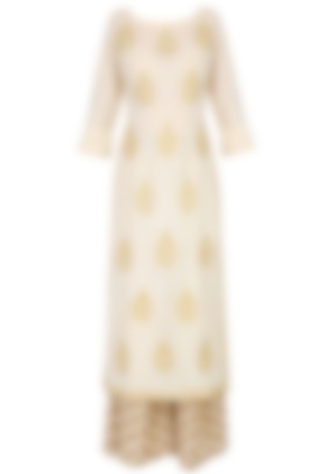 Ivory Golden Thread Embroidered Kurta with Palazzo Pants by Lajjoo c