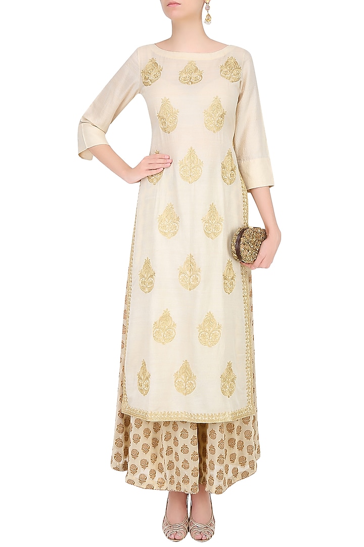 Ivory golden thread embroidered kurta with palazzo pants available only at Pernia's Pop Up Shop.