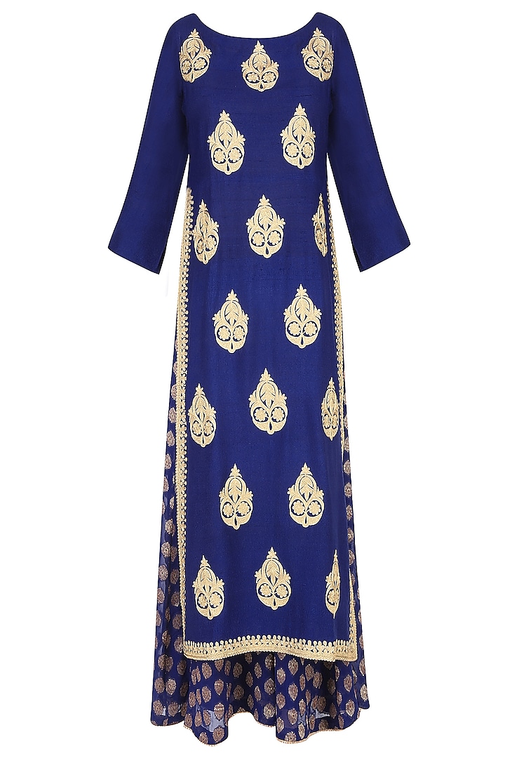 Blue Floral Motifs Embroidered Kurta with Palazzo Pants by Lajjoo c