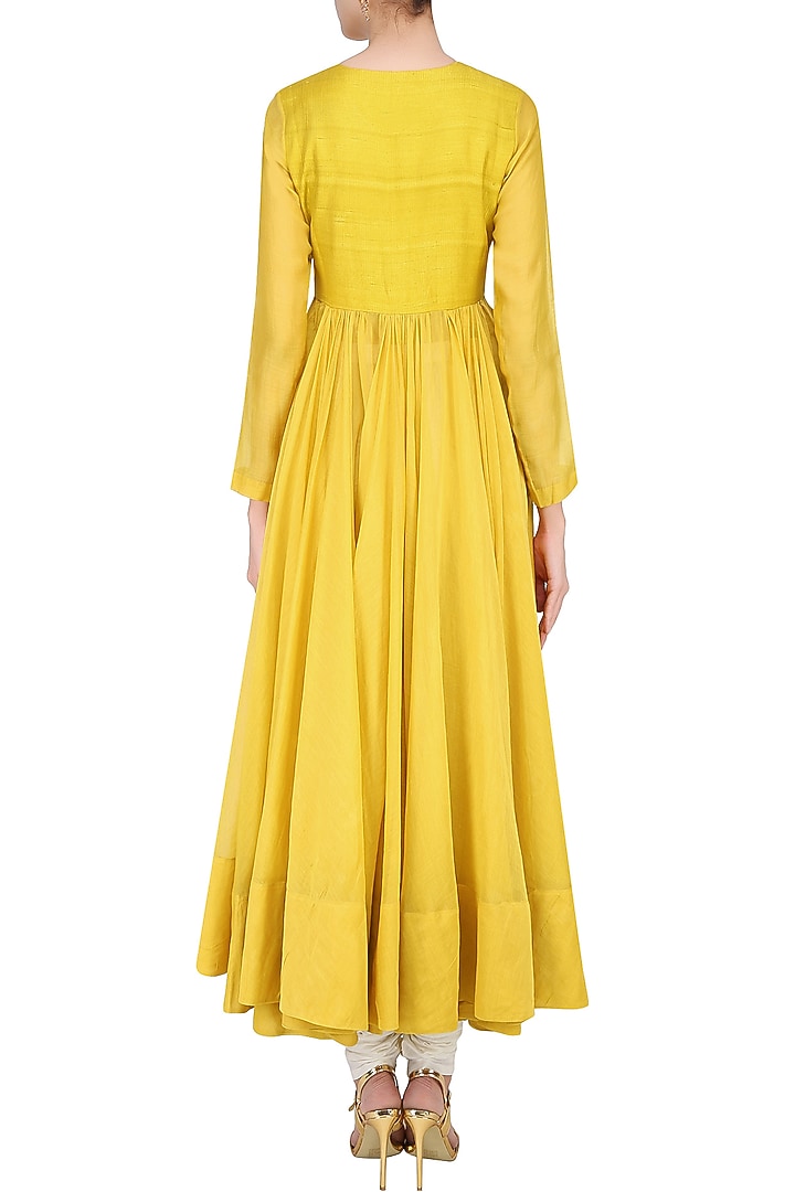 Yellow lotus motifs embroidered kalidaar kurta set available only at Pernia's Pop Up Shop.