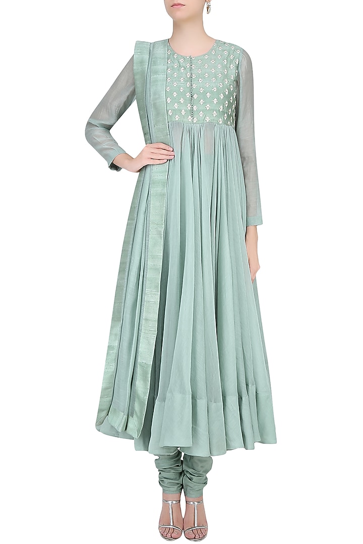Sage blue boota applique kalidaar kurta set available only at Pernia's Pop Up Shop.