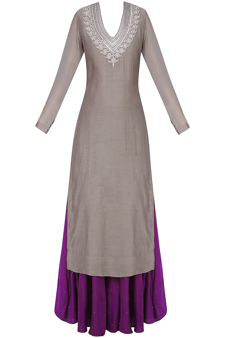 Grey Sanjay Embroidered Kurta with Aubergine Color Ghagra by Lajjoo c