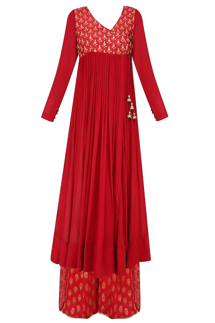 Red thread embroidered overlap kurta with sharara pants available only ...