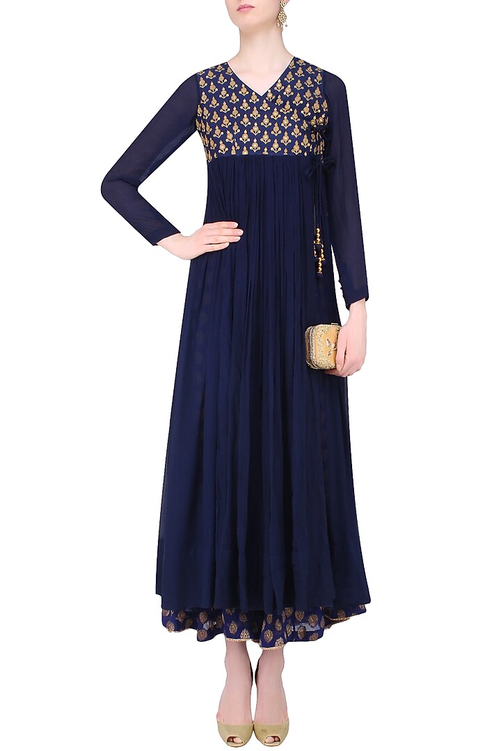 Blue golden thread embroidered overlap kurta with sharara pants available only at Pernia's Pop Up Shop.