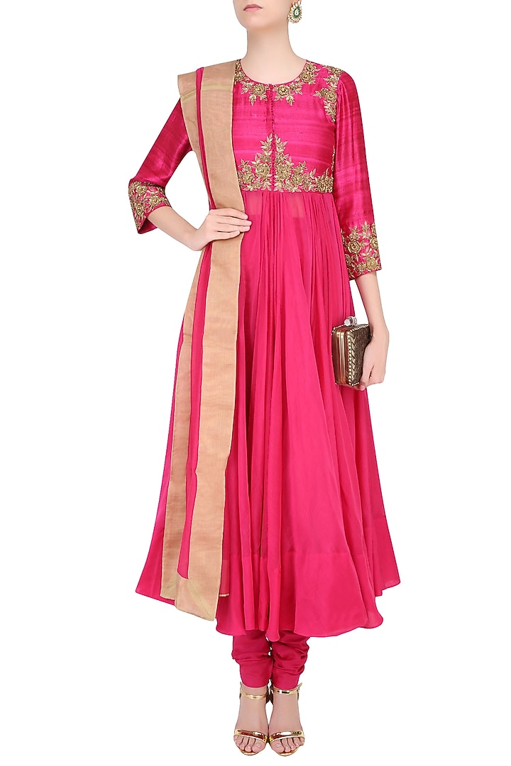 Pink rosette embroidered kalidaar kurta set available only at Pernia's Pop Up Shop.