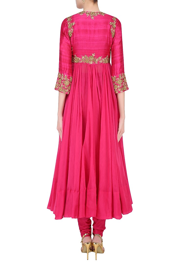 Pink rosette embroidered kalidaar kurta set available only at Pernia's Pop Up Shop.