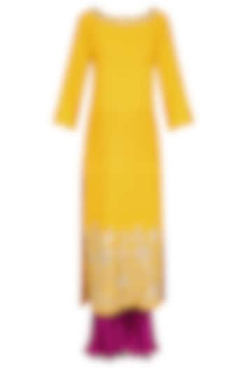 Yellow Gota Embroidered Kurta with Pink Crushed Pants by Lajjoo c
