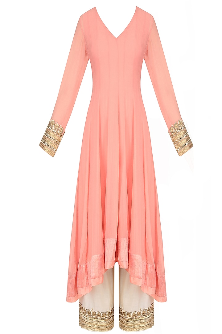 Peach Floral Embroidered Asymmetric Kurta with Wide Leg Pants by Lajjoo c