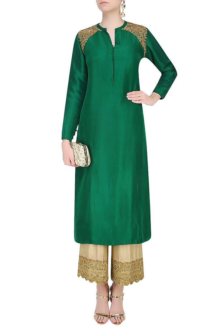 Dark green golden thread embroidered kurta with beige pants available only at Pernia's Pop Up Shop.