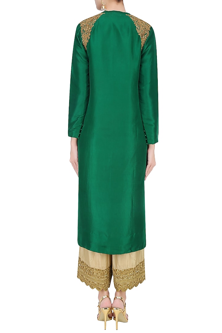 Dark green golden thread embroidered kurta with beige pants available only at Pernia's Pop Up Shop.