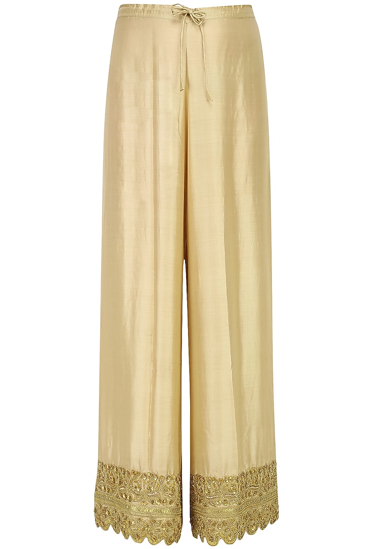 Dark green golden thread embroidered kurta with beige pants available only at Pernia's Pop Up Shop.