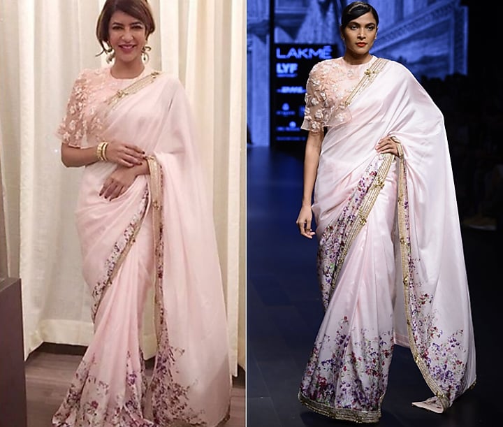 Light pink saree with embroidered cape blouse available only at Pernia's Pop Up Shop.