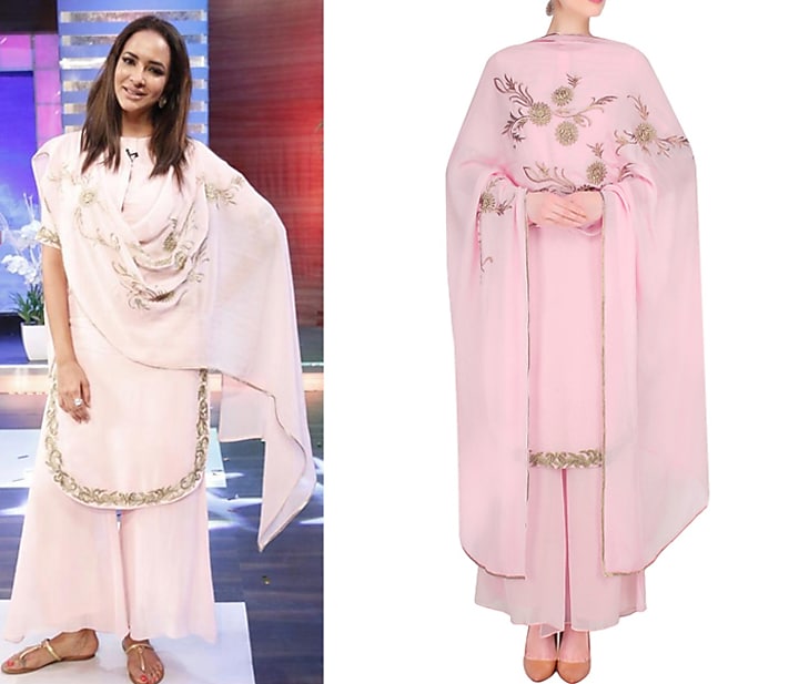 Pink and gold embroidered kurta and pants set available only at Pernia's Pop Up Shop.