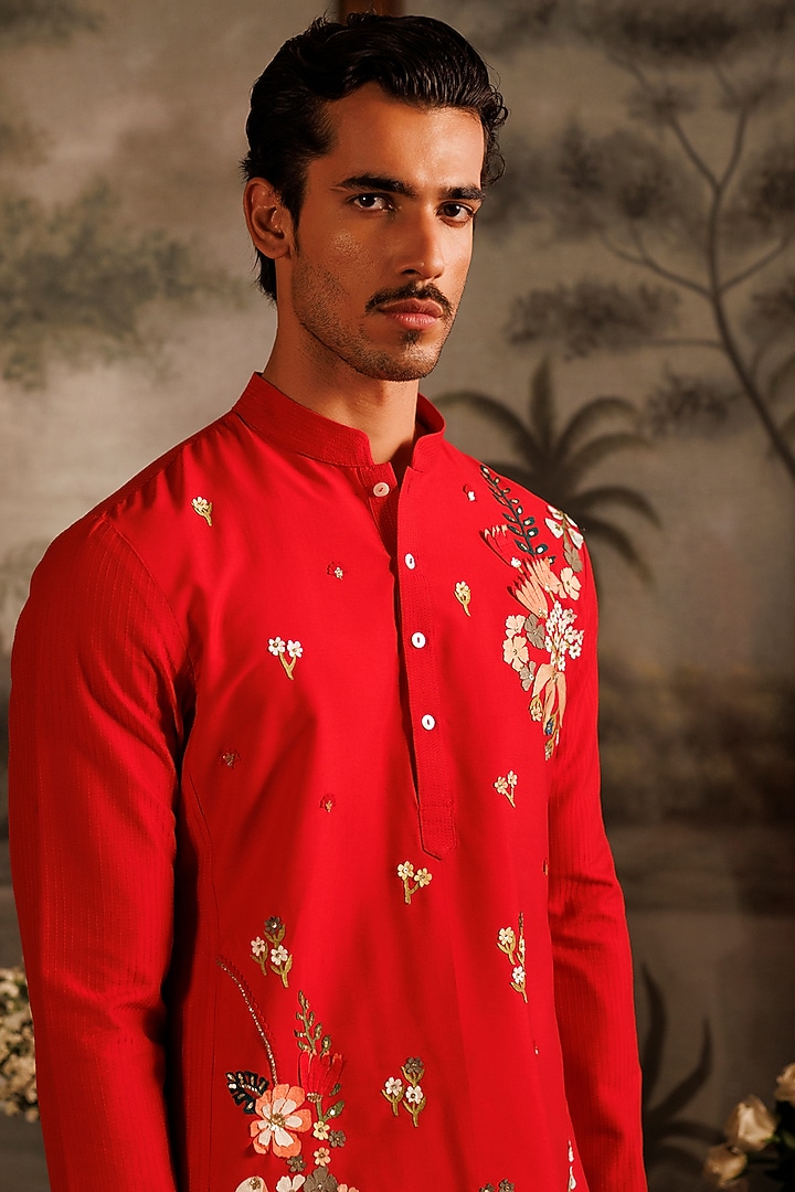 Red Katan Applique Embroidered Kurta Set by Sahil Kochhar Men at Pernia's Pop Up Shop