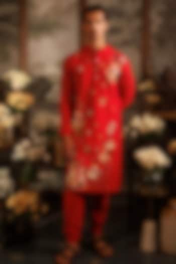Red Katan Applique Embroidered Kurta Set by Sahil Kochhar Men at Pernia's Pop Up Shop