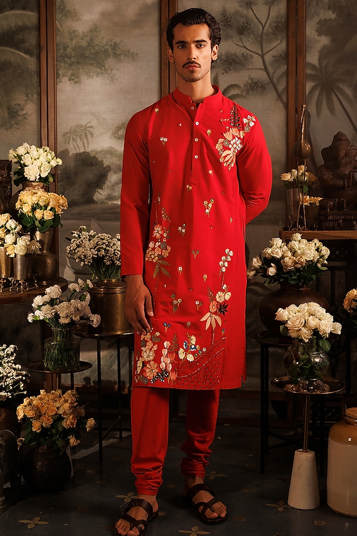 Red Katan Applique Embroidered Kurta Set by Sahil Kochhar Men at Pernia's Pop Up Shop