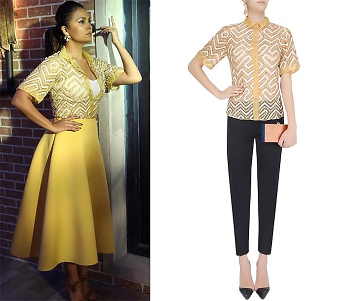 Yellow applique work button down shirt available only at Pernia's Pop Up Shop.
