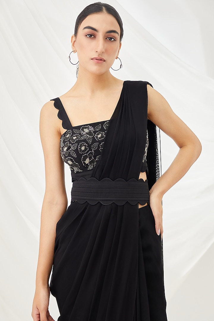 Black Georgette Pre-Draped Wedding Saree Set by Lavanya Ahuja at Pernia's Pop Up Shop