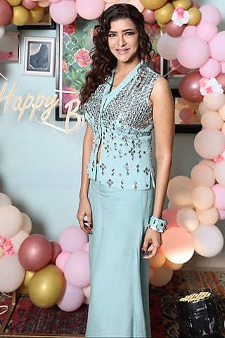 Teal Blue Embroidered Jacket With Pants by Samatvam By Anjali Bhaskar