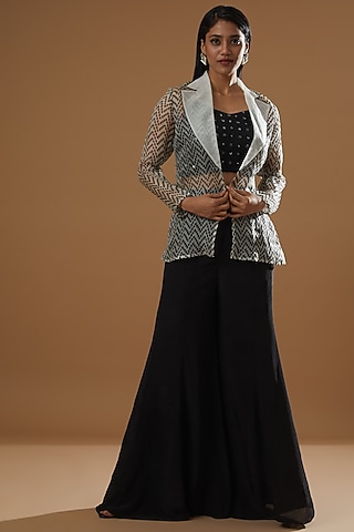 Black Embroidered Jacket Set by Label Debelle