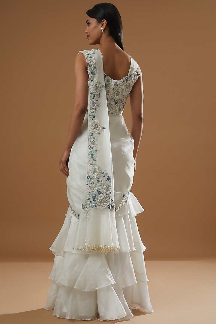 White Pure Jute Organza Aari Embroidered Pre-Stitched Wedding Saree Set by Label Debelle at Pernia's Pop Up Shop