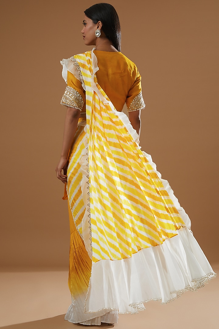Mustard Pure Silk & Habutai Silk Leheriya Aari Embroidered Hand-Crushed Wedding Saree Set by Label Debelle at Pernia's Pop Up Shop