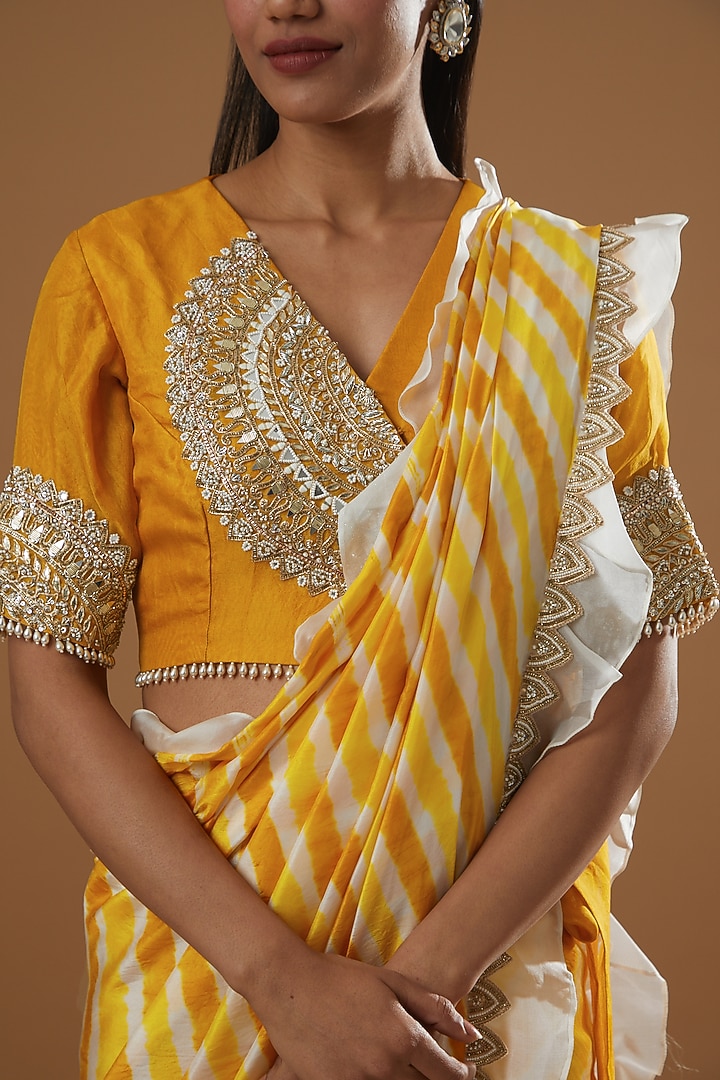 Mustard Pure Silk & Habutai Silk Leheriya Aari Embroidered Hand-Crushed Wedding Saree Set by Label Debelle at Pernia's Pop Up Shop