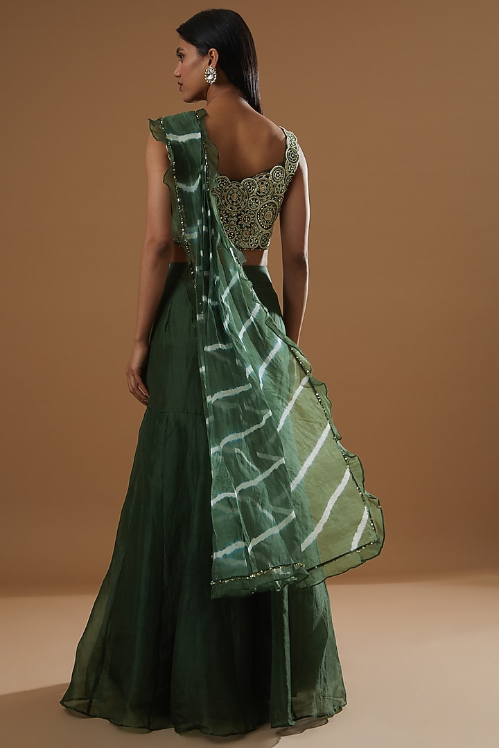 Green Pure Organza Leheriya Wedding Lehenga Saree Set by Label Debelle at Pernia's Pop Up Shop