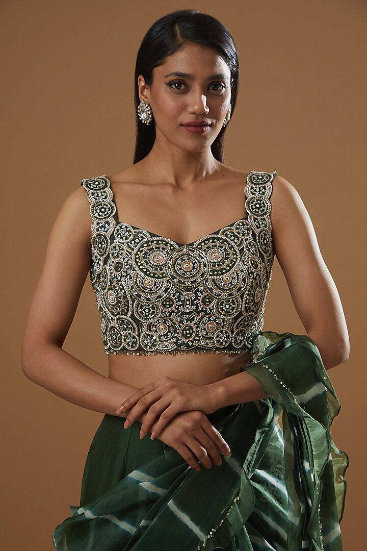Green Pure Organza Leheriya Wedding Lehenga Saree Set by Label Debelle at Pernia's Pop Up Shop