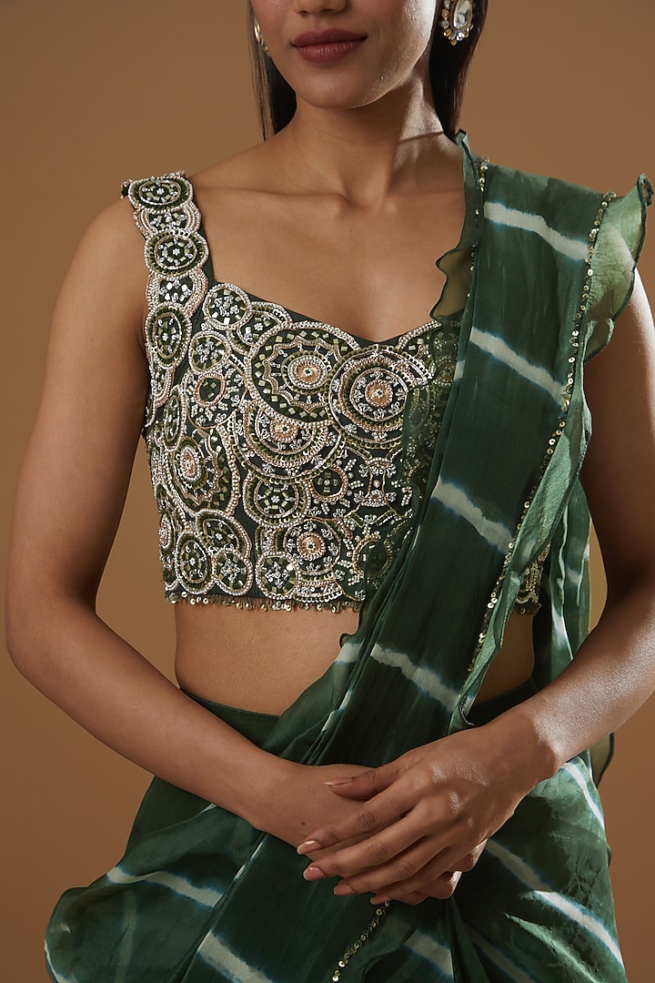 Green Pure Organza Leheriya Wedding Lehenga Saree Set by Label Debelle at Pernia's Pop Up Shop