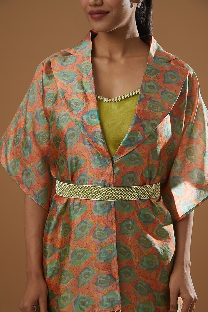 Parrot Green Printed Kaftan Set by Label Debelle at Pernia's Pop Up Shop