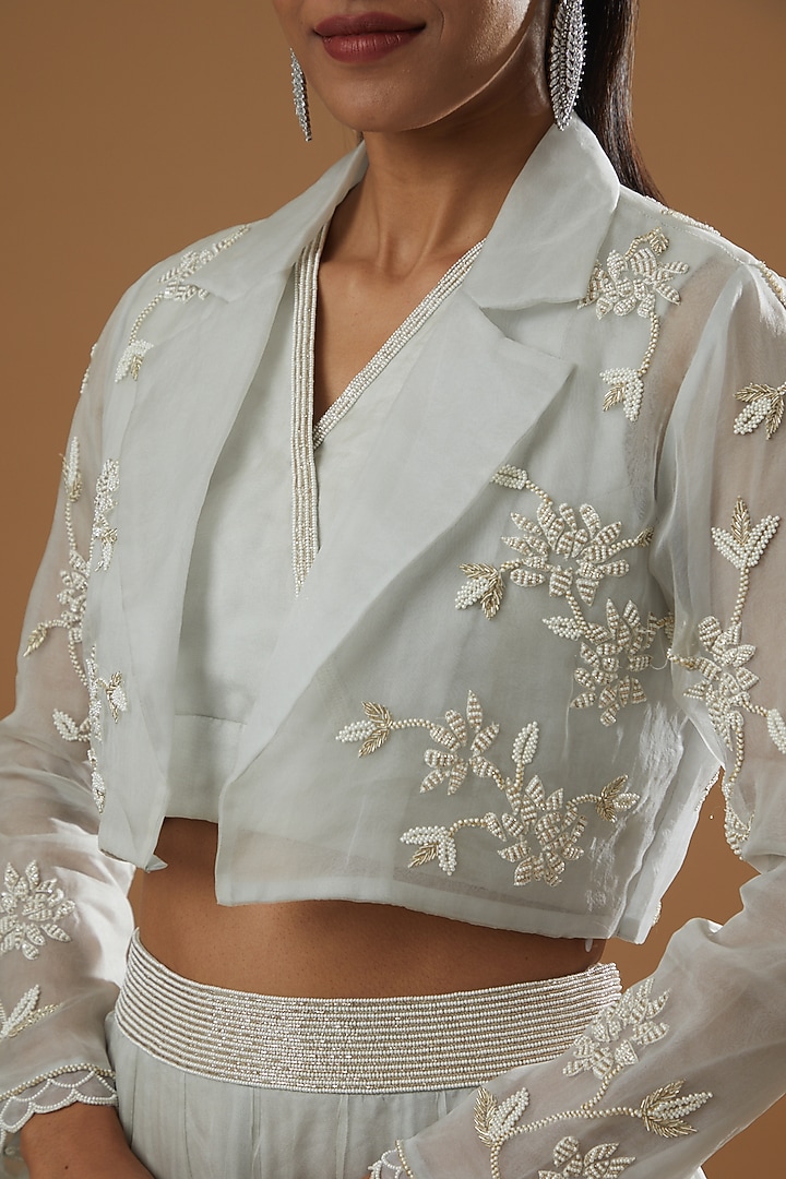 Powder Blue Pure Silk Organza Jacket Wedding Lehenga Set by Label Debelle at Pernia's Pop Up Shop