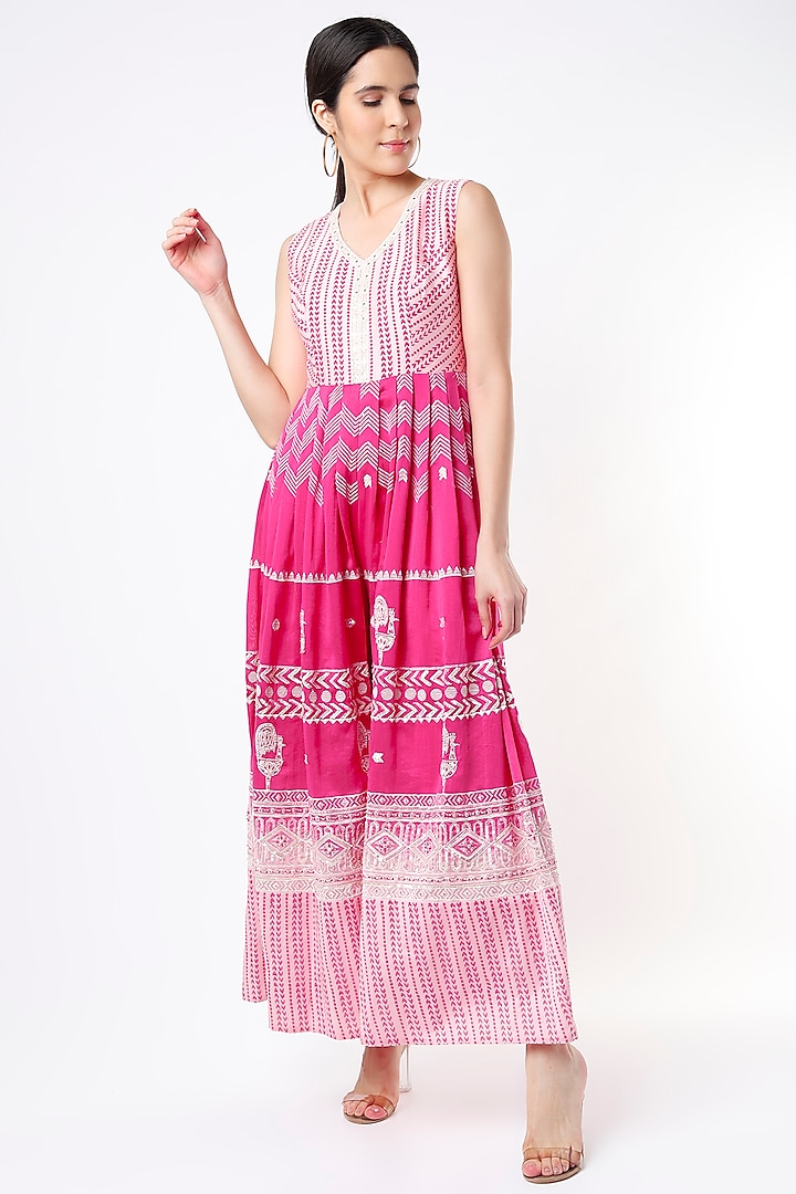 Pink Hand Block Printed Jumpsuit by Leela By A